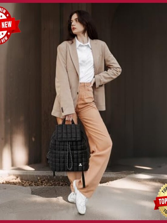 Quilted Puff Backpack Set with Wristlet Bag for Travel Work Gym main image 5